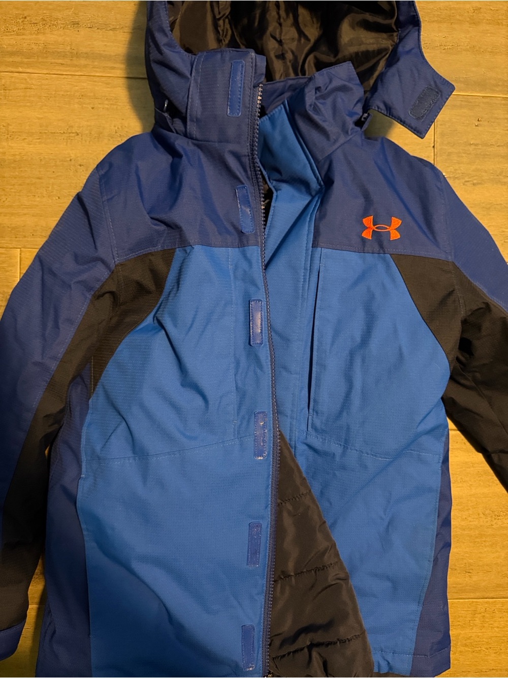 Under Armour Boys' Two-Tone Blue Hooded Puffer with Orange Logo